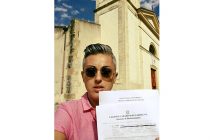 Cathy LaTorre in front of Don Pusheddu's Church in Decimoputzu